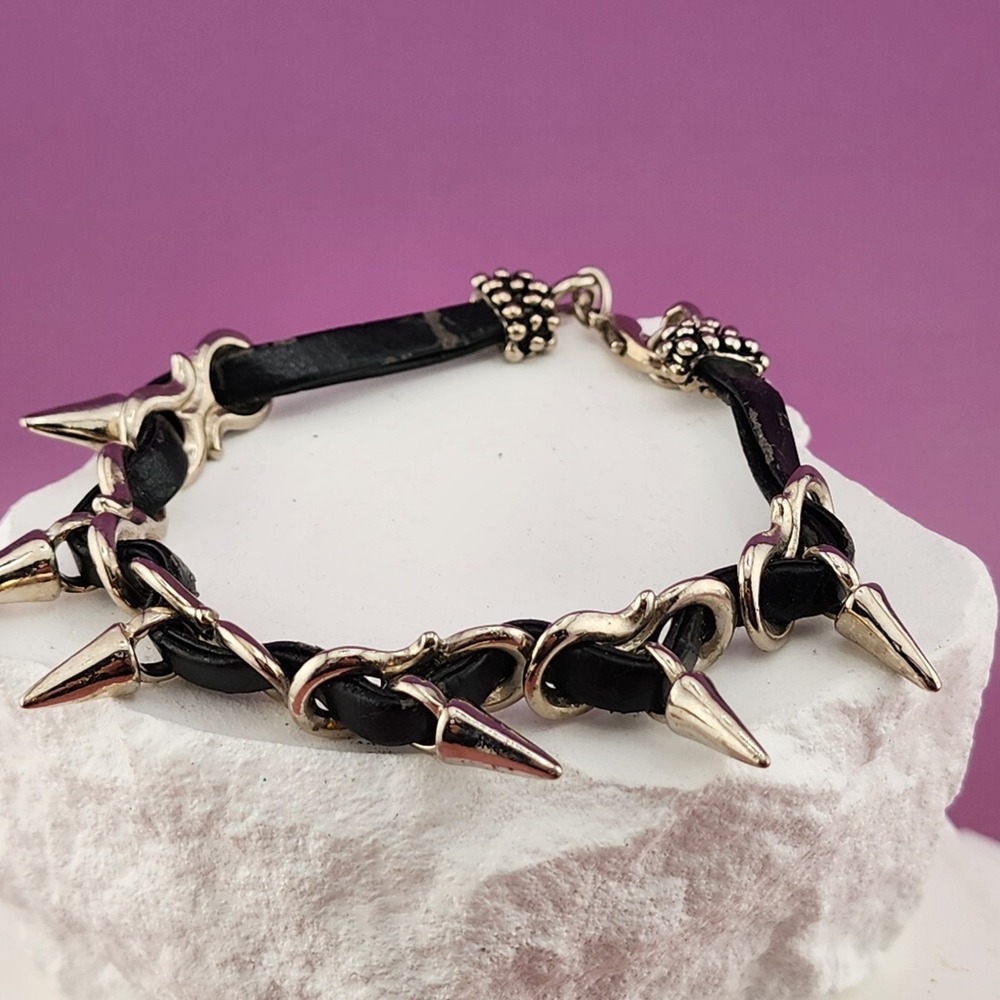Black Leather Silver Tone Spike Charm Bracelet Gothic Punk Statement Jewelry